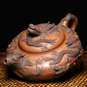 来亭叙原矿老泥名家朱亮纯全手工精品重器堆九龙线圆宜兴紫砂茶壶