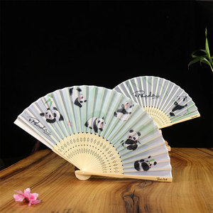 中国风汉服女舞蹈扇学生夏日随身折扇绢布熊猫印花扇子成都纪念品