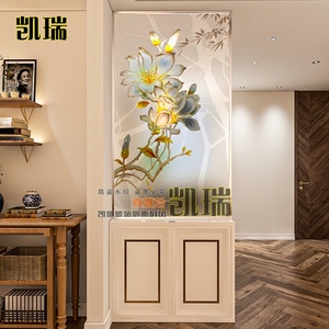 定做现代中式透光磨砂钢化雕花玻璃屏风隔断半墙装饰入户玄关柜