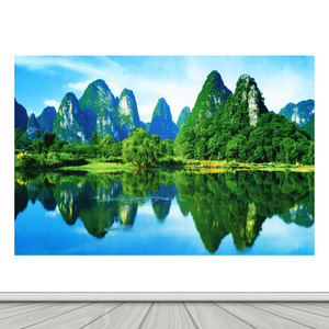 桂林山水风景画客厅沙发背景墙装饰画有山有水招财简约防水贴纸画