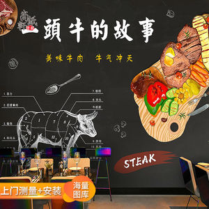 西餐厅店面装饰墙纸创意手绘蔬菜牛肉牛排壁画披萨餐吧汉堡店壁纸