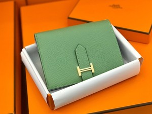 现货闲置品hermes爱马仕牛油果h扣内拼雾霾蓝bearn长款钱包