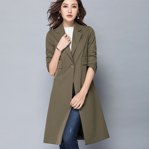 2021风衣女中长款时尚韩版宽松西装领修闲外套长袖纯色简洁学生款