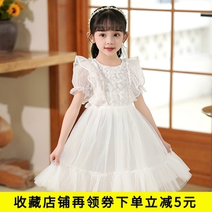 夏季女童红色连衣裙2024新款短袖薄款公主裙子儿童白色舞蹈表演服