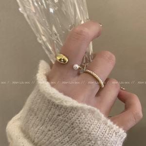 金色独特珍珠戒指女小众设计高级感开口戒子冷淡风叠戴指环食指戒