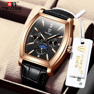 瑞士tevise特威斯手表方形男士真皮防水商务石英特维斯酒桶8383s