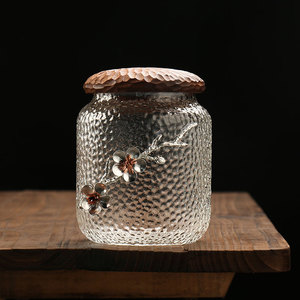 锡制梅花玻璃罐茶叶罐密封罐磨砂糖罐家用实木盖储存装茶罐储物罐