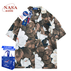 NASA品牌港味复古古巴领油画短袖花衬衫男设计感小众宽松情侣衬衣