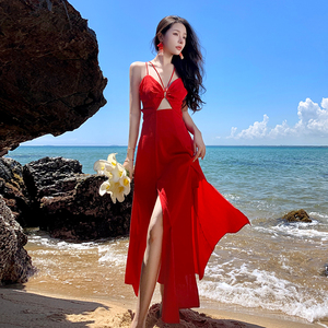 波西米亚性感露背交叉夏威夷度假红色长裙吊带抹胸连衣裙沙滩裙子
