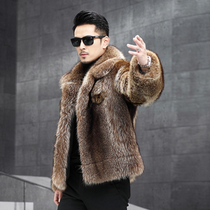 浣熊进口美洲貉皮草男外套貂皮大衣男整貂时尚潮年轻2021新款美国