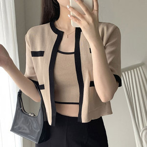 韩国chic夏季复古气质圆领镶边撞色针织开衫+修身内搭背心两件套