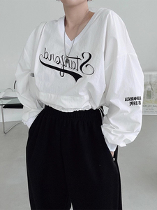 韩国chic春季小众百搭V领刺绣字母拼接设计宽松休闲长袖卫衣女