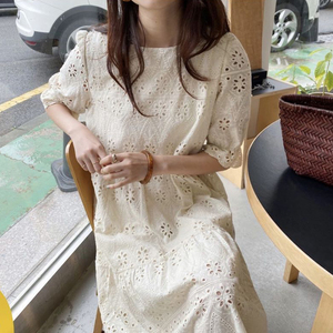 韩国chic夏季法式复古重工镂空提花圆领宽松过膝长款短袖连衣裙女