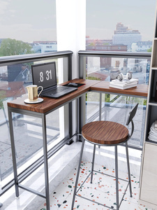 北欧阳台实木长条靠窗书桌 靠墙三角桌转角l型吧台家用高脚吧台桌