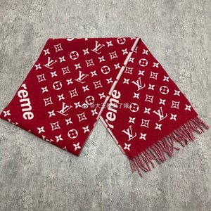 lv路易威登supreme联名scarf红色羊毛印花长方形围巾披肩