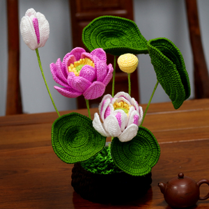 手工钩针编织莲花荷花盆栽盆景diy中细蚕丝线自制材料包