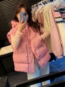 韩国东大门2024冬季新款粉色减龄连帽腰间抽绳设计棉服马甲外套女
