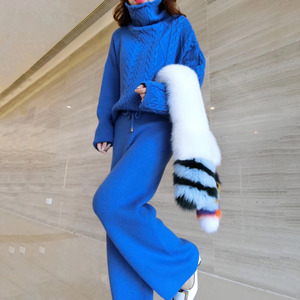 韩国2024春季新款高领气质羊绒羊毛针织衫阔腿裤时尚套装两件套女