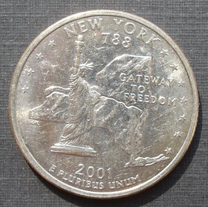 美国2001年纪念硬币 纽约州 自由女神像 25分 州币 流通品相