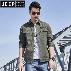 jeep吉普男装外穿长袖衬衫男纯棉春秋季男士外套休闲工装百搭衬衣