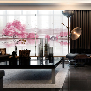 卷帘客厅卧室窗帘半透明软隔断帘中式桃花挂屏风遮光茶室电动定制