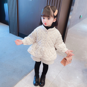 女童秋冬装韩版加绒加厚套装洋气女宝宝时尚夹棉丝绒棉袄三件套潮