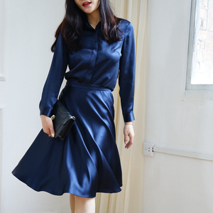 j169bq重磅真丝桑蚕丝半身裙大摆裙伞裙女夏大码小个子复古深蓝色