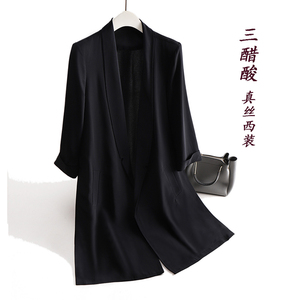 日本哑光醋酸西装外套女薄款职场缎面修身黑色中长款小西服W1001