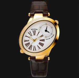 bowdor宝舵手表石英表女士防水双时间蓝宝石真皮休闲 99065l-ggsf