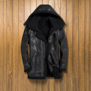 【清仓】原生态皮毛一体男连帽b3中长款真皮皮衣羊皮大衣皮草外套