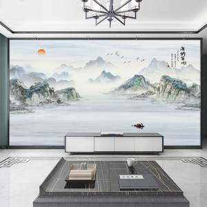 山水大气电视机背景墙壁纸墙布新中式海纳百川壁画客厅影视墙壁布