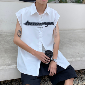 无袖衬衫男夏季凉感背心纯色弹力商务休闲印花衬衣青年潮坎肩寸衫