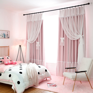 粉色儿童房网红窗帘蕾丝布纱一体公主风女孩韩式遮光卧室温馨飘窗