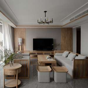 新中式沙发 现代实木布艺沙发组合小户型民宿会所酒店原木色家具