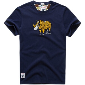 夏季男装短袖t恤时尚潮流圆领宽松纯棉情侣半袖休闲新款印犀牛图