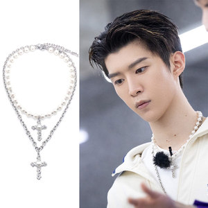 范丞丞国潮项链珍珠镶钻银钢链十字架雕花钛双层叠戴项链酷男女品