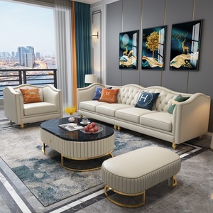 美式轻奢沙发真皮现代简约欧式客厅牛皮小户型组合拉扣直排四人位