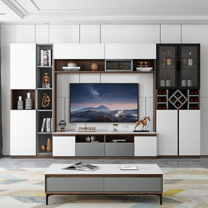 客厅全实木电视墙柜子一体现代简约轻奢整体背景墙柜茶几组合酒柜