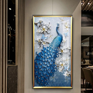 孔雀玄关装饰画进门墙入户壁画竖版墙画大气走廊尽头过道客厅挂画