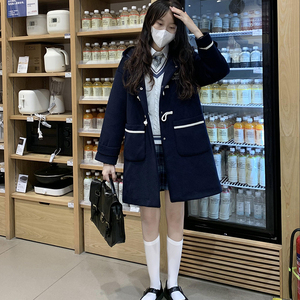 jk制服牛角扣大衣外套女秋冬季日系学院风小个子毛呢子中长款风衣