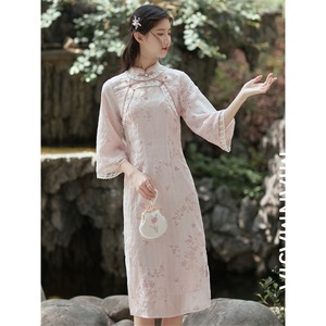 民国风日常可穿曲襟提花暗纹旗袍裙女夏式年轻款中长款改良连衣裙