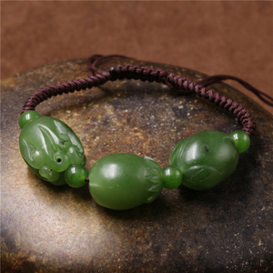 月月家和田玉天然新疆碧玉籽料三多手链石榴寿桃佛手瓜手串手饰女