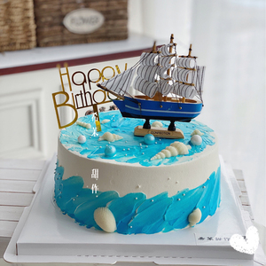 帆船蛋糕装饰摆件一帆风顺地中海风情景装扮沙滩贝壳海星模具插牌
