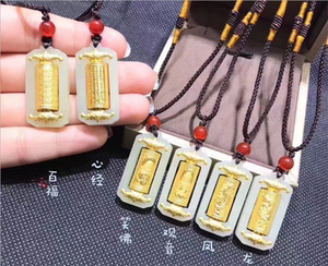 和田玉转经筒金镶玉999足金转运筒桶百福项链吊坠