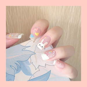美甲贴片彩虹手绘兔子卡通美甲成品春夏指甲贴片可穿戴甲片小红书