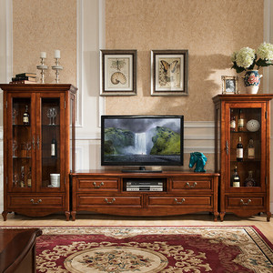 美式全实木电视柜茶几组合欧式简约现代客厅电视机柜地柜储物柜子