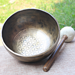 尼泊尔手工佛音碗西藏颂钵音疗瑜伽摆件生命之花款佛音钵大号铜罄