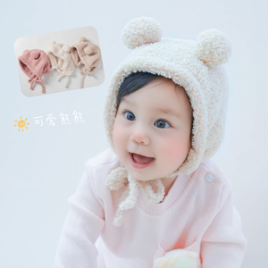 韩版新生秋冬季婴儿胎帽男女宝宝保暖护耳帽可爱小熊球球防风帽子
