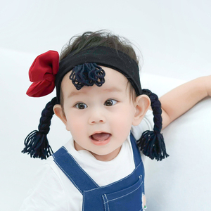 韩版新年红色那女宝宝蝴蝶结发带麻花假发辫子哪吒可爱婴儿新生儿
