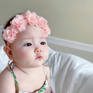 韩版婴儿童可爱女宝宝百天周岁公主发饰粉色雪纺花朵发带头饰